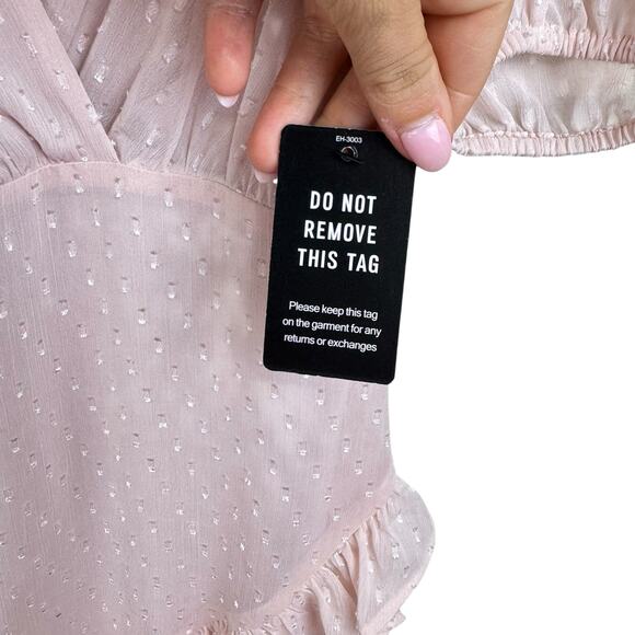 Express NWT Blush Pink Swiss Dot Puff Sleeve Asymmetrical Ruffle Mini Dress - Picture 10 of 12